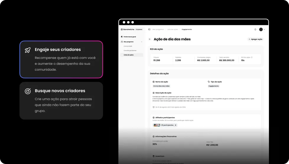 Sistema de criação de ações personalizadas e incentivos para engajar creators e atrair novos membros para a comunidade